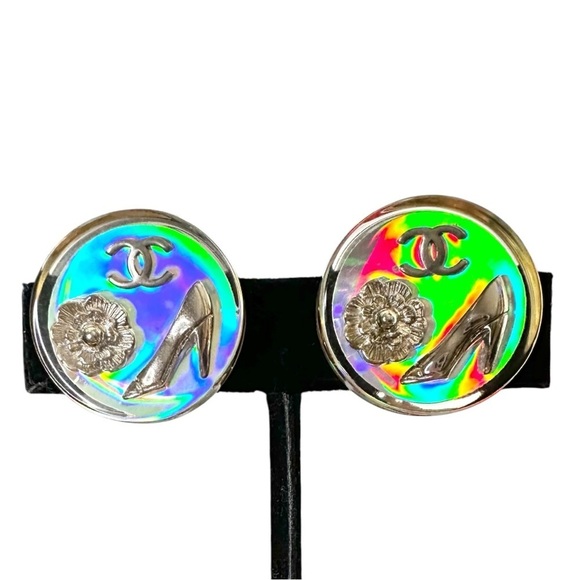 Authentic CHANEL Aurora Borealis Iridescent Rainbow Vintage ‘97 Clip On Earrings - Picture 7 of 16